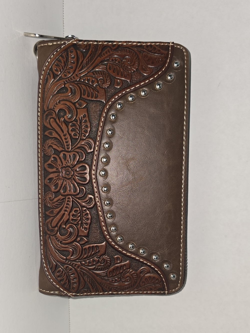 Montana West Brown Tooled Floral Zip Wallet with Stud Accents
